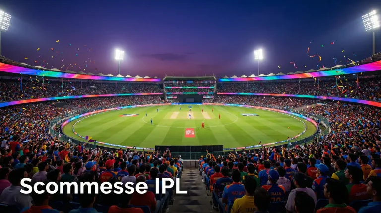 Scommesse sulla Indian Premier League con stadio di cricket e luci serali
